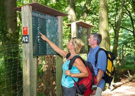 Wanderer vor Schild im Stinderbach Tal im Kreis Mettmann