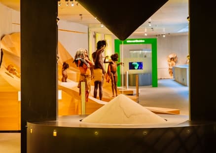 Blick durch Sanduhr auf den Stammbusch der Ausstellung